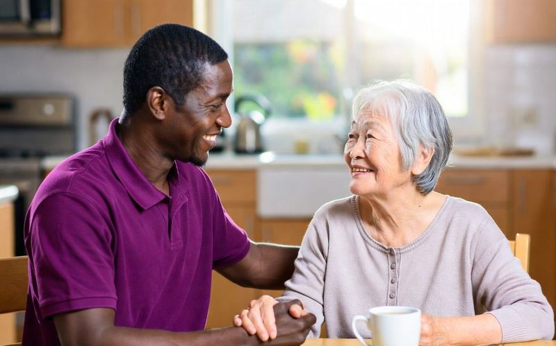 Illustration: a support worker and an older woman smiling together at a kitchen table